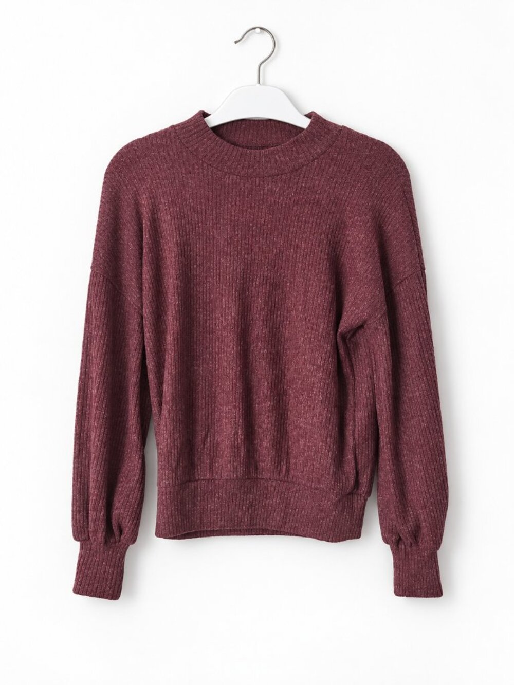 Women’s Burgundy Ribbed Mock-Neck Balloon-Sleeve Sweater Size Small